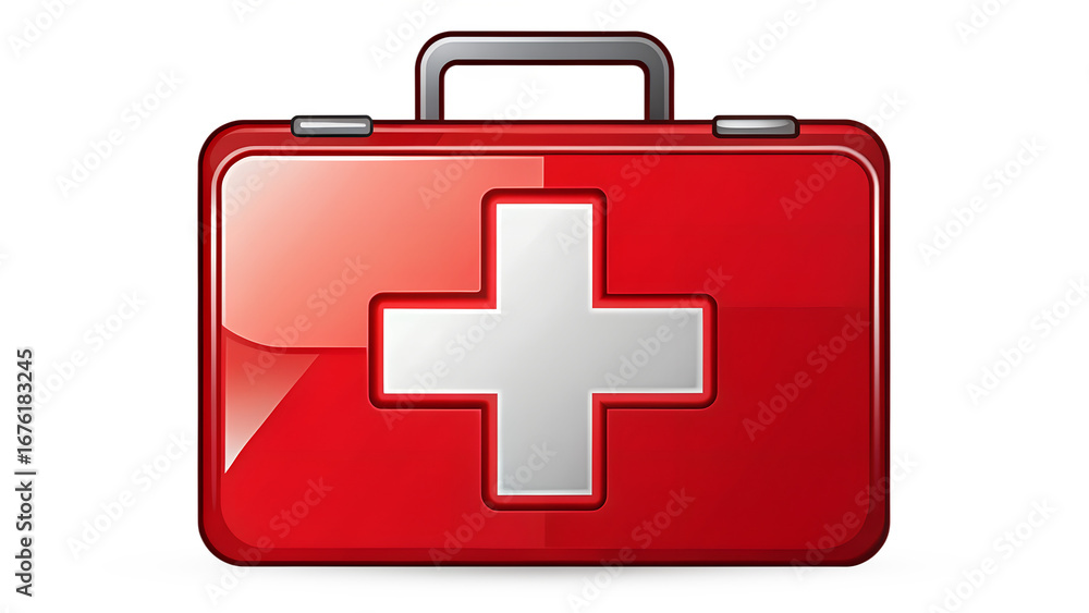 Obraz premium Red first aid kit with a white cross isolated on transparent background, a vital tool for emergency medical assistance and healthcare needs