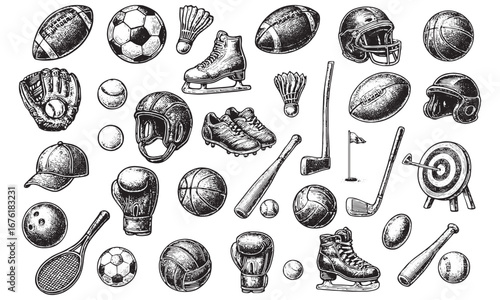 Vintage Sports Equipment Illustration Set - Balls, Gear, and Accessories Art