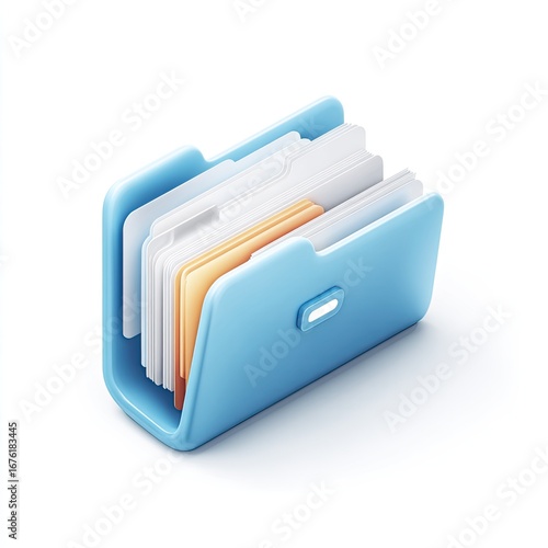 Light blue folder icon,  stacked with  various colored files,  3D rendered,  isolated on white
