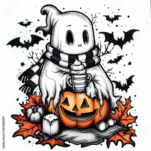 Halloween Geist mit Schal und Kürbisgetränk – niedliche Illustration
