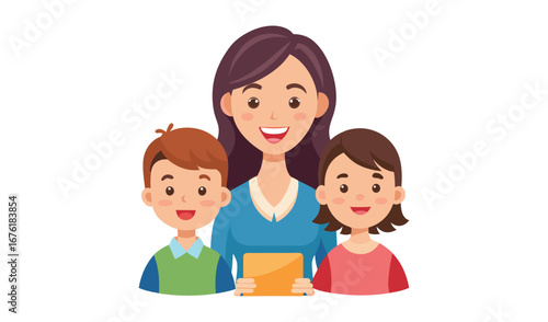 Happy mother with two children holding a gift box together
