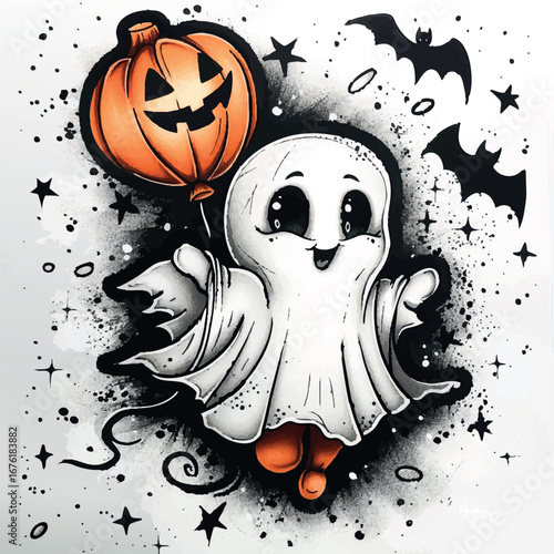 Fröhliches Halloween Gespenst mit Kürbis-Laterne – Cartoon Illustration