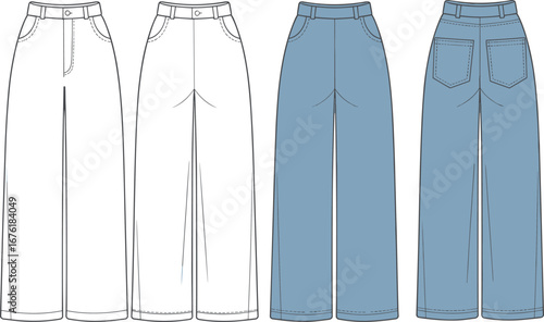 High waist wide leg denim pants technical flat sketch, front and back view, vector fashion CAD illustration, clothing design template