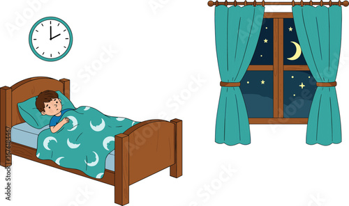 Illustration of boy sleeping in bed at night, cozy bedroom interior, moonlight through window, peaceful sleep time, night routine concept