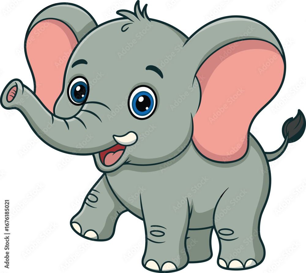 Naklejka premium Adorable cartoon baby elephant with big ears smiling happily, vector jungle wildlife animal illustration, cute zoo character, playful safari drawing