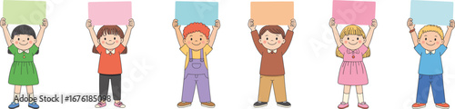 Cartoon children holding blank signs above head, diverse kids group smiling, cute boys and girls illustration, vector design for school education