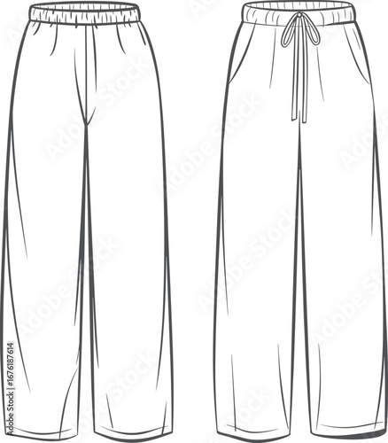 Loose fit drawstring pants with elastic waistband, front pockets, relaxed leg silhouette, flat cad sketch vector fashion illustration design