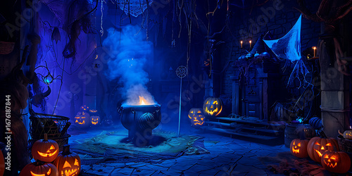 Mysterious Halloween scene with glowing jack-o'-lanterns and a bubbling cauldron under a spooky blue light.