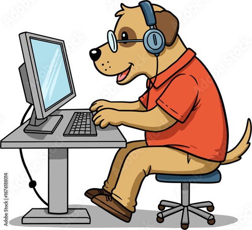 Cartoon dog wearing headphones while using computer at desk  