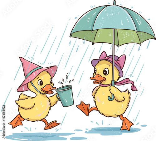 Two cartoon ducks playing in the rain with hats and umbrella  