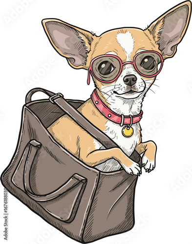 Chihuahua dog wearing glasses inside a stylish handbag  