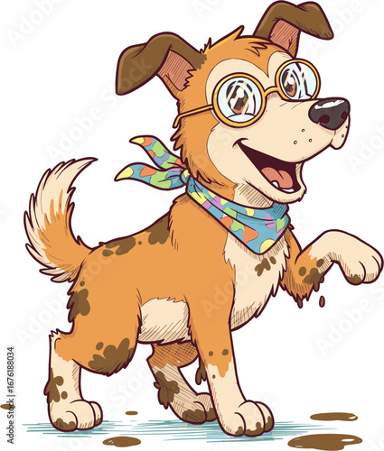 Cartoon dog wearing glasses and bandana, happily walking in mud  