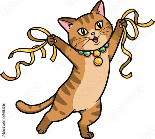 Cartoon cat dancing with ribbons and wearing a necklace  