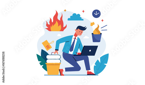 Businessman overwhelmed by work and deadlines in a chaotic office environment