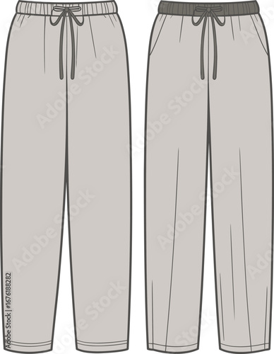 Loose fit jogger pants flat sketch, front and back CAD drawing, vector fashion illustration for casual wear design template