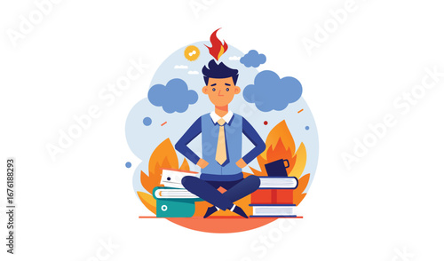 Businessman meditating with a fiery aura and books around him