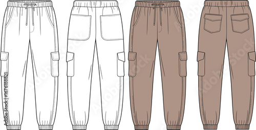 Men’s cargo jogger pants flat sketch with patch pockets, front and back view, technical cad drawing, vector fashion illustration