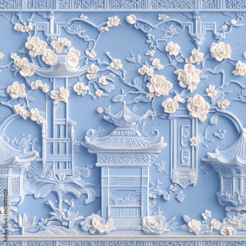 Decorative relief sculpture of Asian architecture