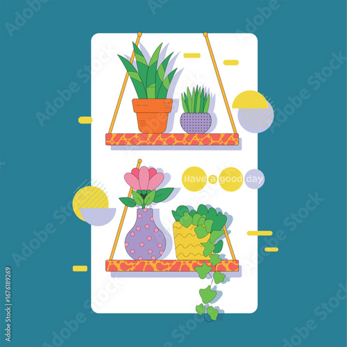 Decorative indoor houseplants and potted plants displayed on hanging shelves with colorful accents and positive message for a cheerful home environment