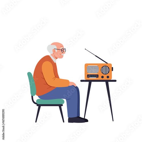 Elderly man sitting by radio, listening intently in cozy room  