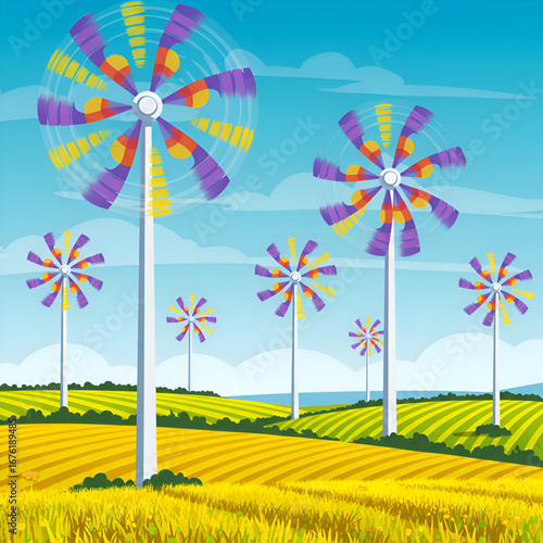 Colorful wind turbines in a vibrant rural landscape