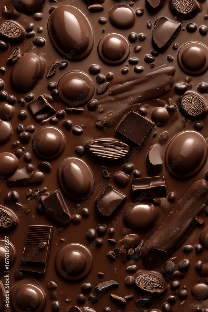 Fototapeta premium Chocolate abundance: A luxurious mix of solid chunks, rounded candies, and molten waves creating a deliciously decadent background.