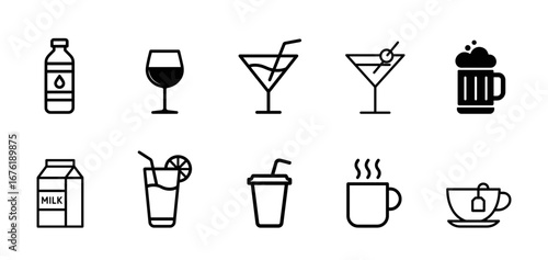 Beverage icons in black outline on white background