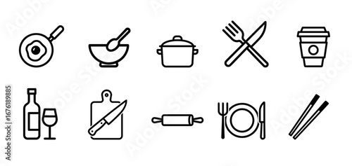 Kitchen and dining icons in black outline on white background
