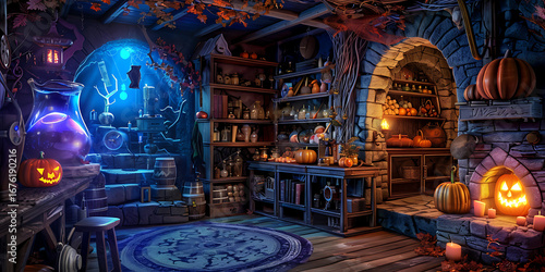 Enchanting Halloween cottage filled with glowing pumpkins and mystical potions