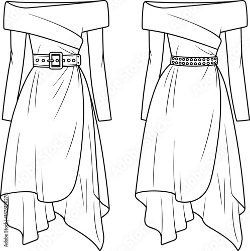 Off shoulder asymmetric dress flat sketch with belted waist and draped hem, long sleeve fashion cad drawing vector