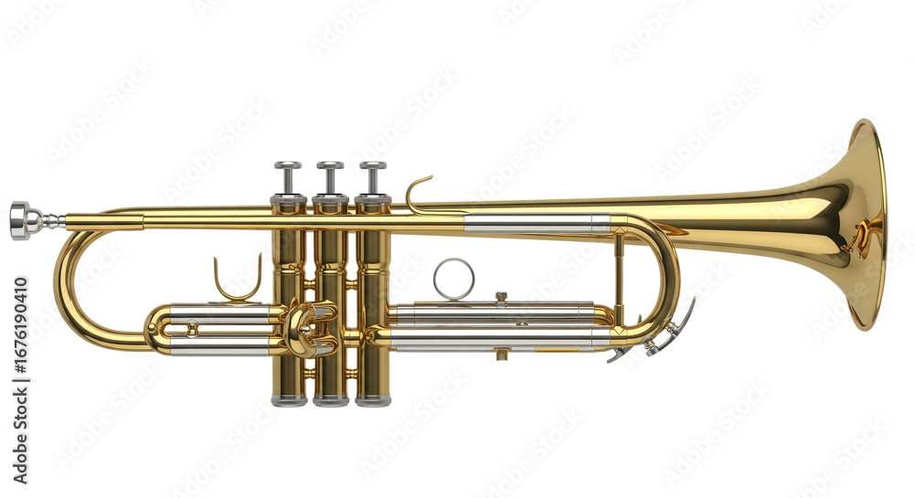 Obraz premium Gleaming brass trumpet with silver accents on black isolated on a transparent background musical instrument
