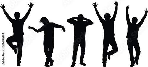 Dancing people silhouettes in joyful poses, celebration and freedom vector illustration for party, festival, performance, and artistic expression design projects