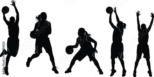 Dynamic basketball player silhouettes in action poses, dribbling, shooting, jumping, blocking, sports vector illustration for athletic training and design projects