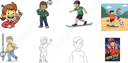 Children Engaged in Various Sports and Activities - Fun Illustrations of Kids Playing Soccer, Tennis, Skateboarding, and More