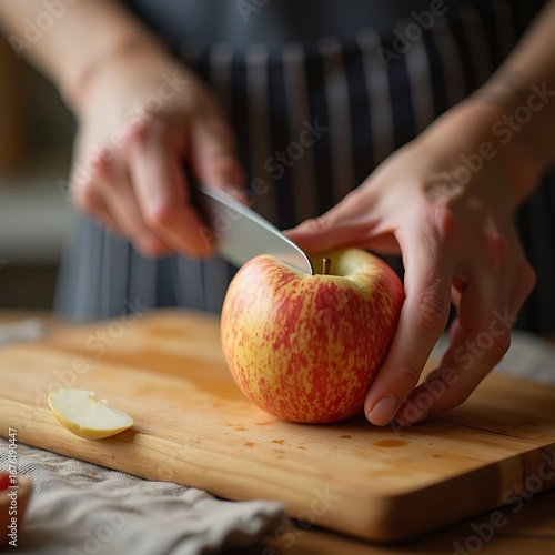 Cutting Apple on Cutting Board Fresh Fruit Preparation