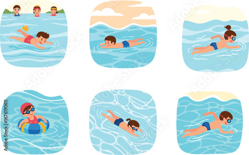 Children Enjoying Swimming in Pool - Playful Summer Activities with Kids Swimming, Floating, and Having Fun in Water
