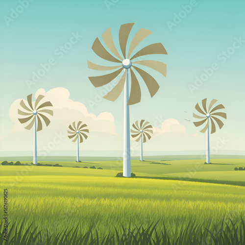 Idyllic wind farm in wide open green field