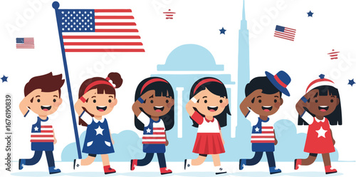 Diverse children joyfully parade, carrying an American flag, past a depiction of the Washington Monument.