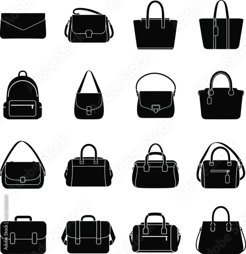 Assortment of Black Silhouettes of Handbags and Purses luggage briefcase