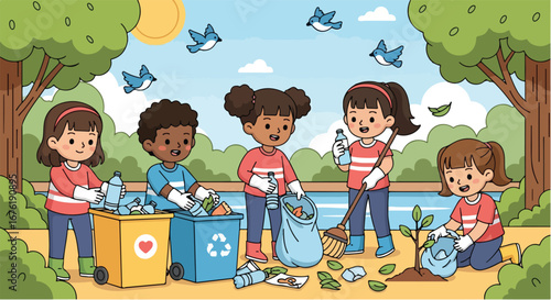 Children joyfully clean a park, planting a tree and sorting recyclables.