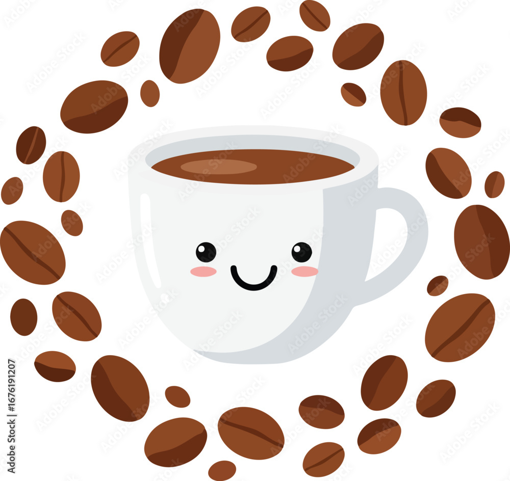 Obraz premium Cartoon illustration of a smiling coffee cup surrounded by coffee beans in a circular arrangement.