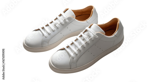 Illustration of a pair of pristine white leather sneakers with laces isolated on transparent background, embodying minimalist style, perfect for casual fashion, sports, and trendy lifestyle
