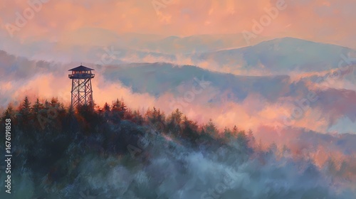 Early morning scene shows fire lookout tower above soft mist, framed by quiet treetops and pale cinematic sunrise tones.
