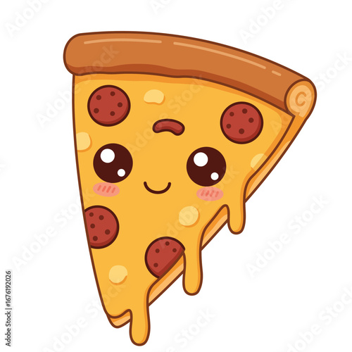 Cute slice of pepperoni pizza illustration with melting cheese and rosy cheeks
