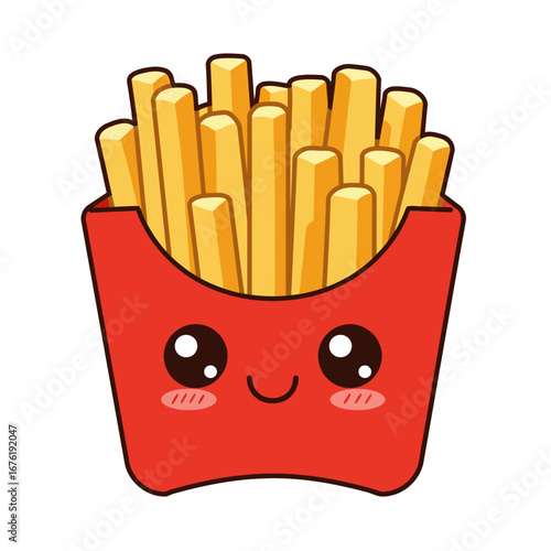Cute cartoon french fries smiling in a red box, a cheerful illustration of a delightful fried potato snack