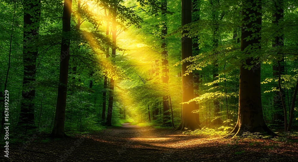 Fototapeta premium Sunbeams illuminate a lush green forest path creating a magical natural scene