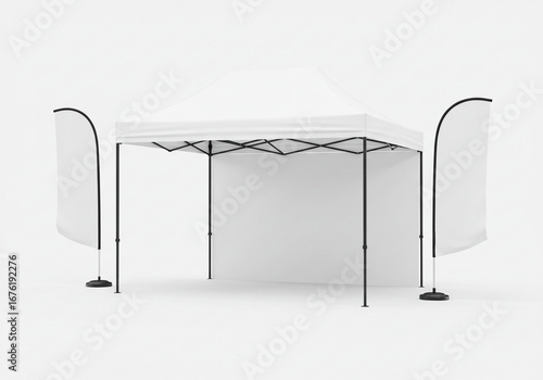 Wallpaper Mural Promotional event tent and flags for outdoor advertising at trade shows or festivals, plain white backdrop Torontodigital.ca
