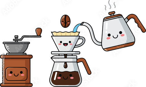 Cute cartoon illustration of coffee brewing process, showing coffee grinder, filter, kettle, and pot.