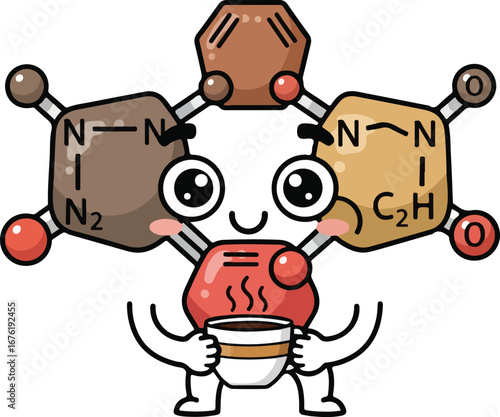 A cheerful caffeine molecule cartoon character happily holding a steaming cup of coffee.