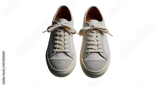 Illustration of a pair of stylish white canvas sneakers with laces isolated on transparent background, showcasing a trendy and casual footwear option for sports, fashion, or everyday wear